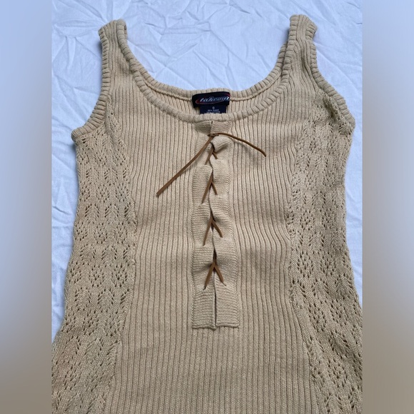Women’s Y2K Takeout Size Small Tan Lace Tie up sweater Tank - Picture 5 of 6